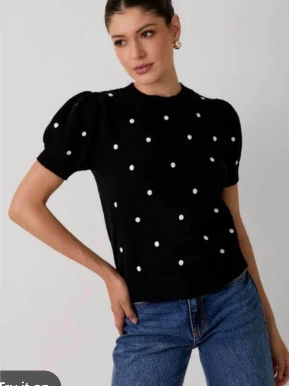 Maison Jules Black Polka Dot Puff-Sleeve Knit Top